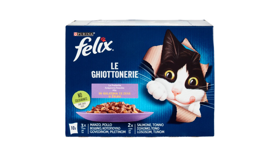 Purina, gatto Felix Le Ghiottonerie le preferite in gelatina manzo pollo salmone tonno