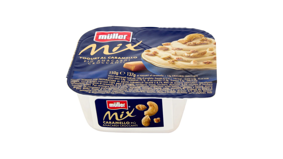 müller Mix il Sorprendente Yogurt al Caramello Salato Più Anacardi Croccanti