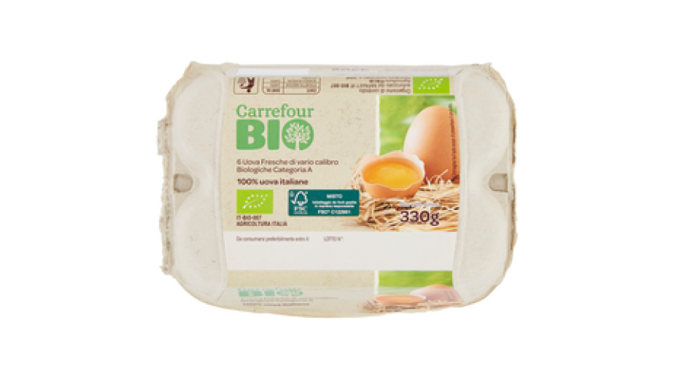 Carrefour Bio 6 Uova Fresche di vario calibro Biologiche Categoria A