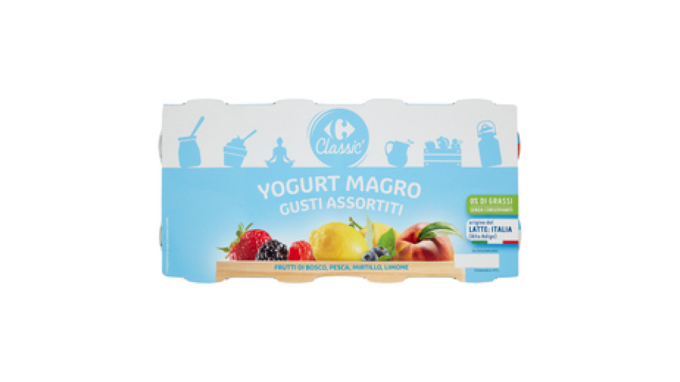 Carrefour Yogurt Magro 0,1% di grassi Gusti Assortiti Frutti di Bosco Pesca Mirtillo Limone