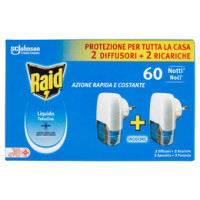 Raid Liquido Elettrico Antizanzare Tigre e Comuni Promo, 2 Diffusori+2 Ricariche, 60 Notti, Inodore