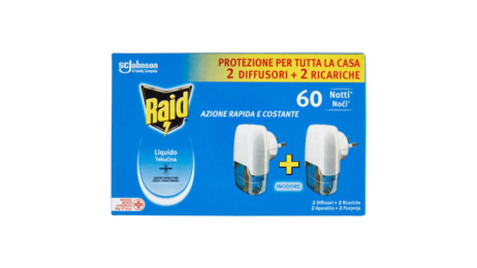 Raid Liquido Elettrico Antizanzare Tigre e Comuni Promo, 2 Diffusori+2 Ricariche, 60 Notti, Inodore