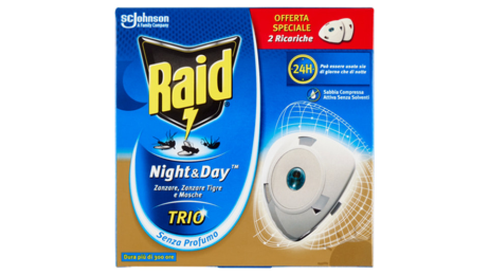 Raid Night & Day Trio, Repellente antizanzare con Sabbia Compressa 2 Ricariche