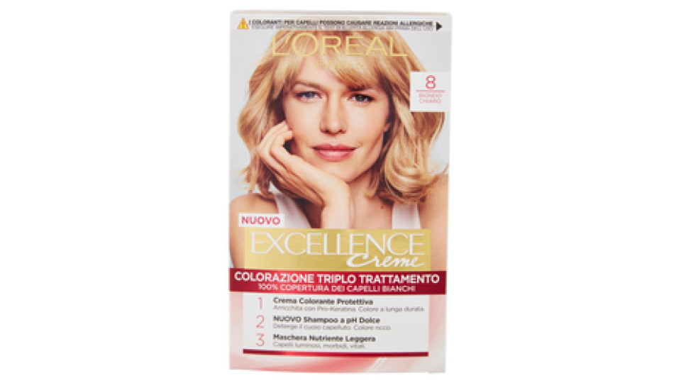 L'Oréal Paris Excellence Crema Colorante Triplo Trattamento Avanzato, 8 Biondo Chiaro