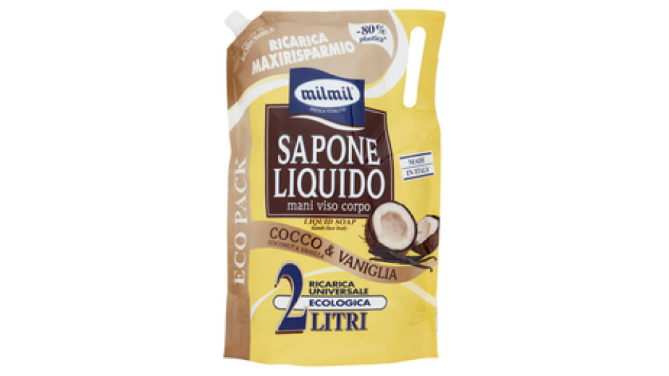 milmil Sapone Liquido Cocco & Vaniglia Ricarica Universale Ecologica 2 Litri