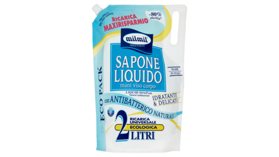 milmil Sapone Liquido con Antibatterico Naturale Ricarica Universale Ecologica 2 Litri