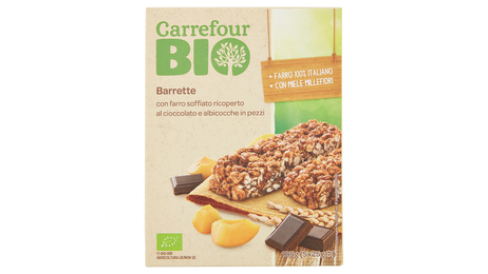 Carrefour Bio Barrette con farro soffiato ricoperto al cioccolato e albicocche in pezzi