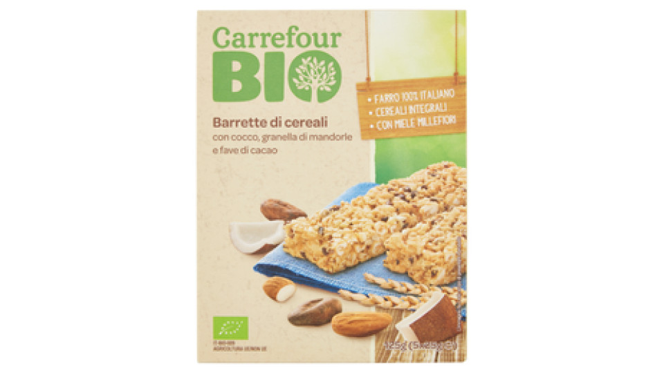 Carrefour Bio Barrette di cereali con cocco, granella di mandorle e fave di cacao