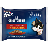 Felix le Ghiottonerie Selezioni Deliziose Cibo Umido per Gatti Adulti in Gelatina con Manzo e Pollo, 4 bustine da 85g