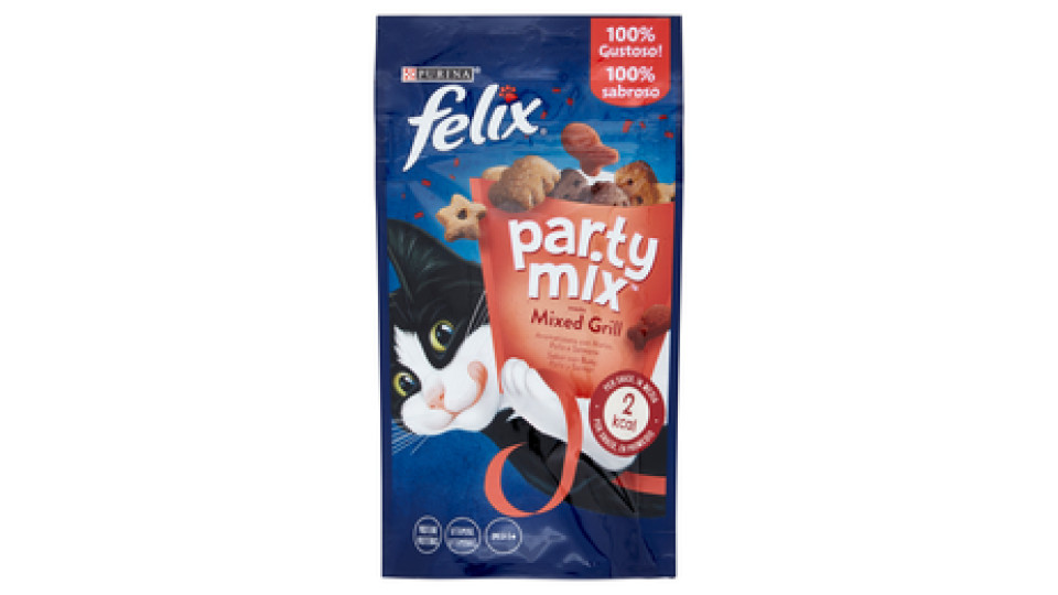 PURINA FELIX Party Mix Snack Gatto Mixed Grill Aromatizzato con Manzo, Pollo e Salmone busta