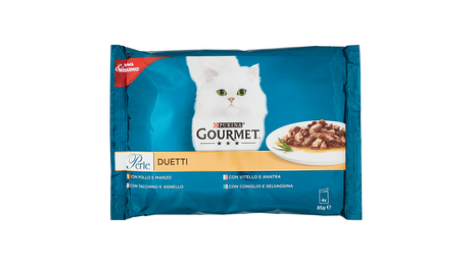 PURINA GOURMET PERLE Umido Gatto Duetti con Carni Delicate con Manzo e Pollo, Tacchino e Agnello, Vitello e Anatra, Coniglio e Selvaggina - 4 buste da 85g ciascuna (confezione da 4x85g)