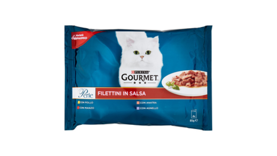 PURINA GOURMET Perle Gatto Filettini in Salsa con Manzo, Pollo, Agnello e Anatra