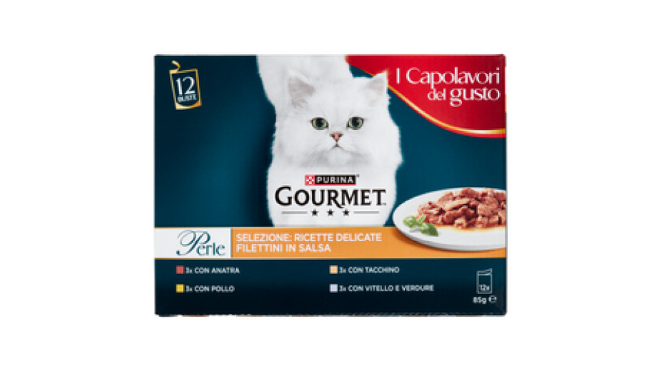 PURINA GOURMET Perle Gatto Filettini in Salsa con Tacchino, Tonno, Anatra e Agnello Busta