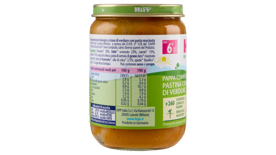 HiPP Biologico Pappa Completa Pastina con tris di verdure