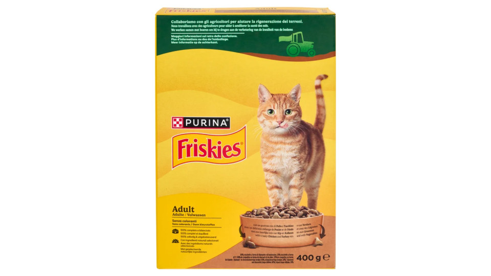 PURINA FRISKIES Gatto Crocchette Adult con pollo, tacchino e olive aggiunte scatola