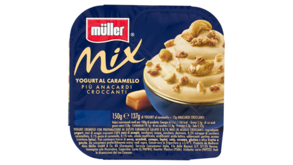 müller Mix il Sorprendente Yogurt al Caramello Salato Più Anacardi Croccanti