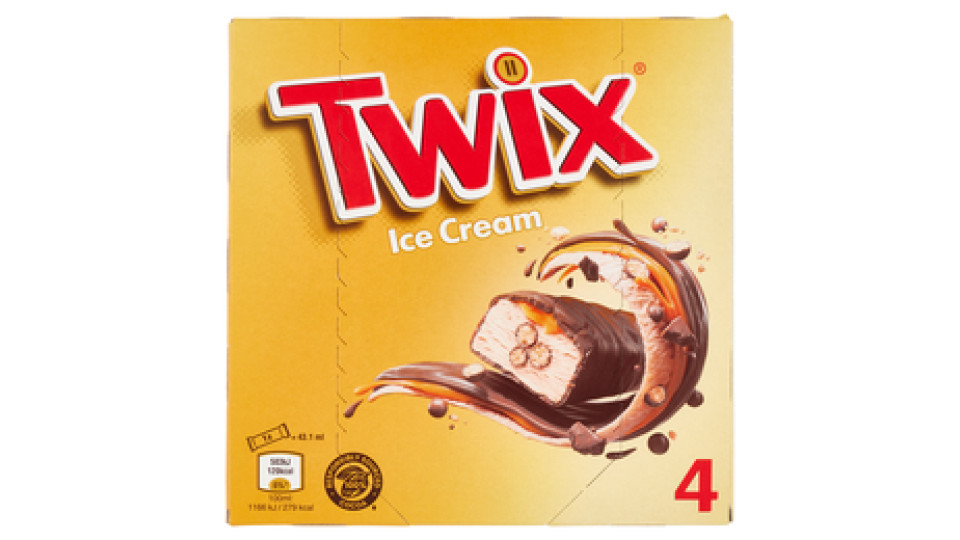 Twix Barretta Gelato con biscotto ricoperto di cioccolato al latte, Multipack da 4 x 34.2 g