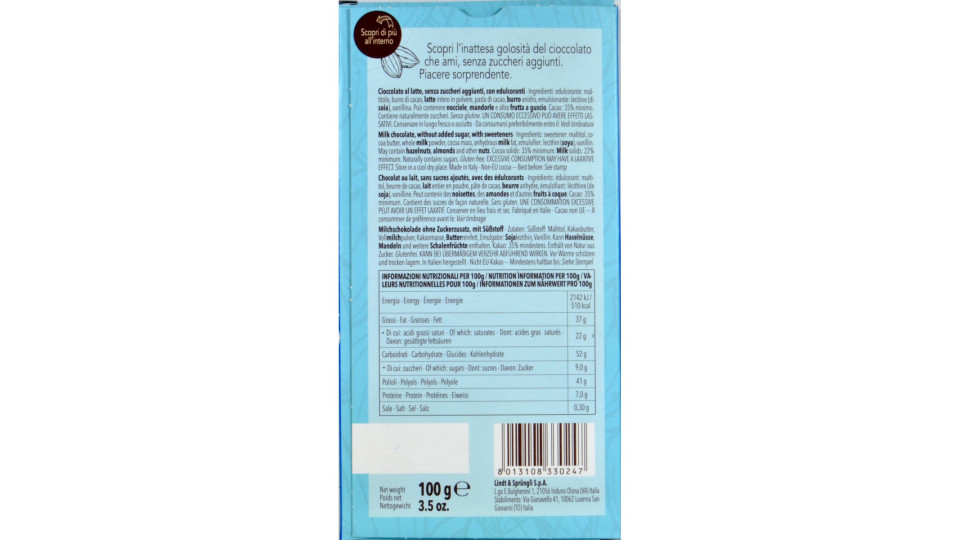 Caffarel Tavoletta al Latte Senza Zucchero 100g