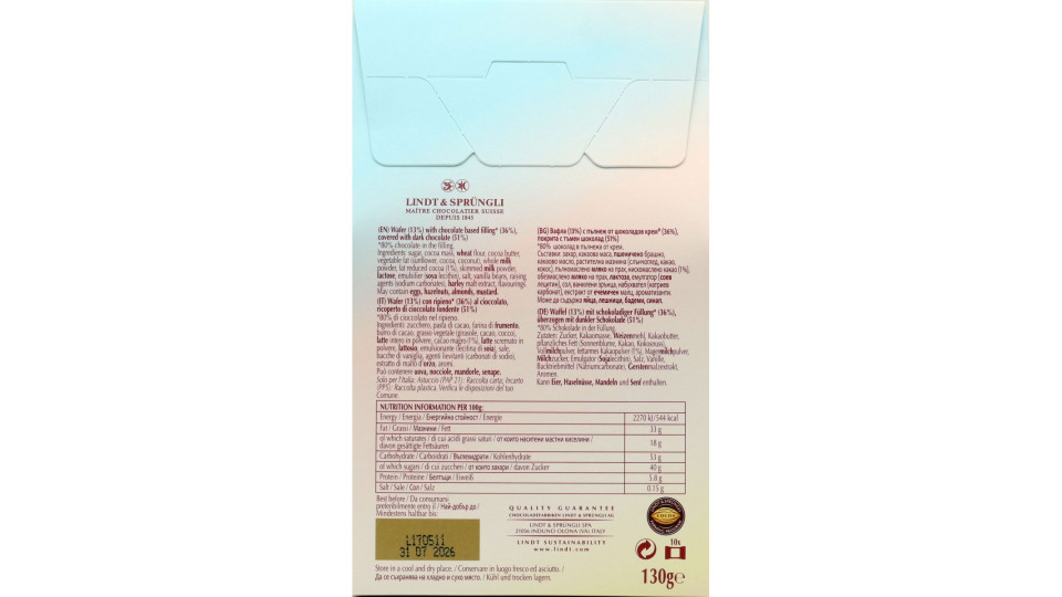 Lindt choco wafer astuccio cioccolato fondente 130 g