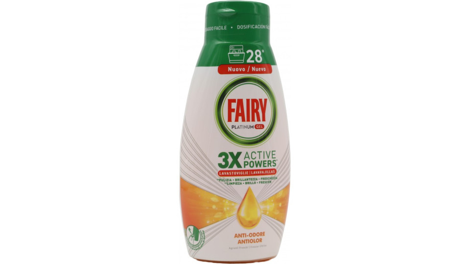 Fairy Gel Lavastoviglie Platinum Anti-Odore, Detersivo Piatti Agrumi Freschi 3x28=84 Lavaggi 3x504ml