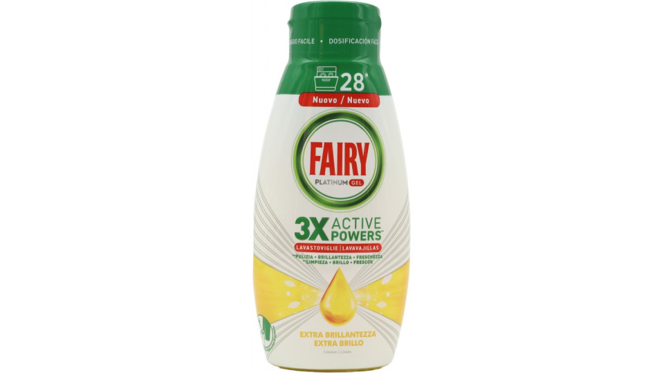 Fairy Gel Lavastoviglie Platinum Extra Brillantezza, Detersivo Piatti Limone 3x28=84 Lavaggi 3x504ml