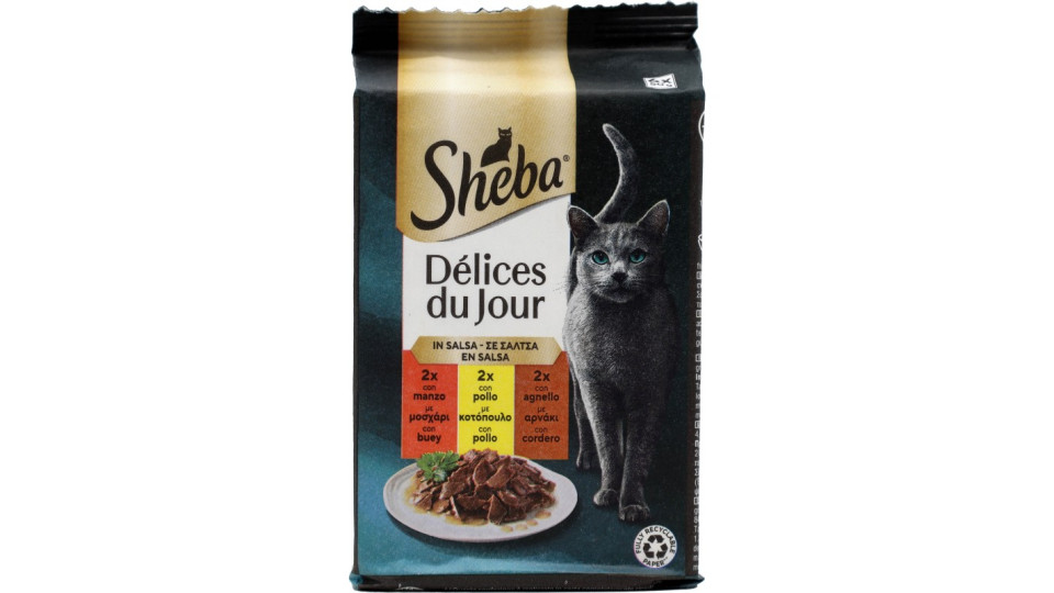 Sheba Délices du Jour Cibo Umido Gatto in Salsa con Manzo, Pollo e Agnello 6 x 50 g