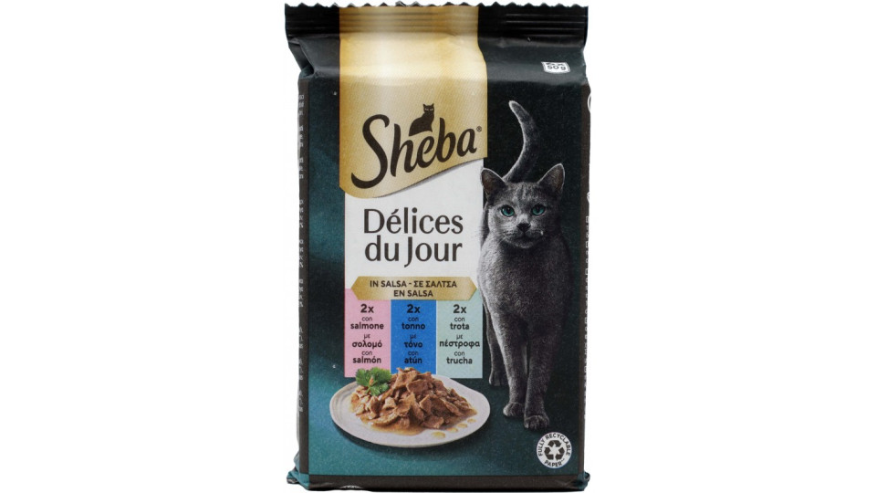Sheba Délices du Jour Cibo Umido Gatto in Salsa con Salmone e Tacchino 6 x 50 g