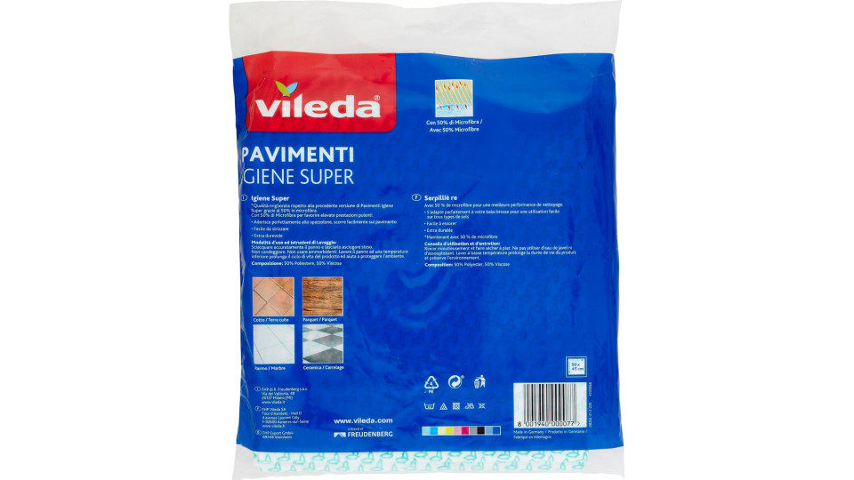 Vileda Igiene Super - panni per pulire tutti i tipi di pavimento, con 50% in microfibra, 3x 45x50 cm