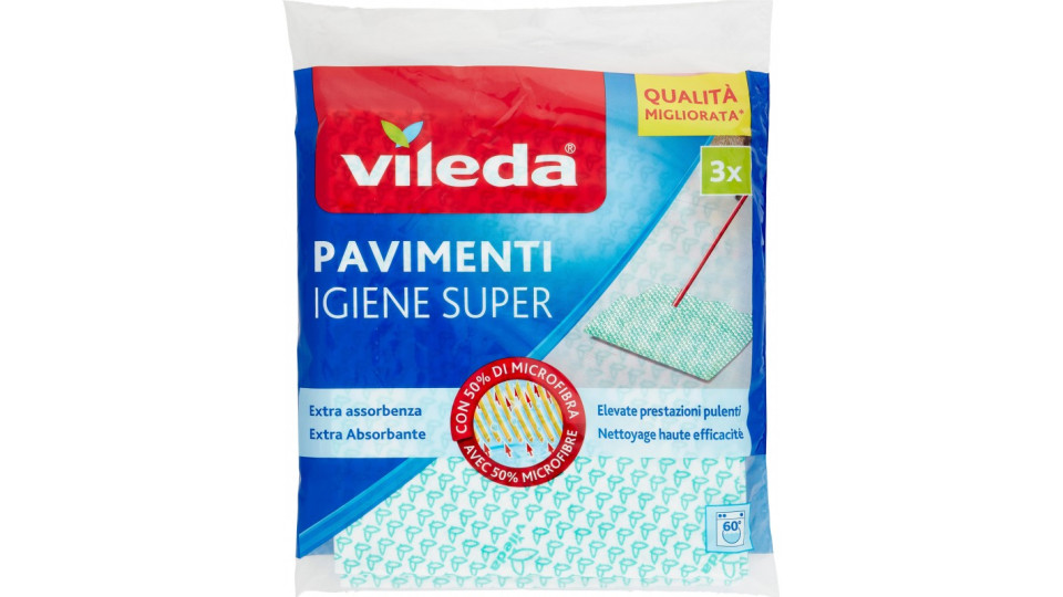Vileda Igiene Super - panni per pulire tutti i tipi di pavimento, con 50% in microfibra, 3x 45x50 cm