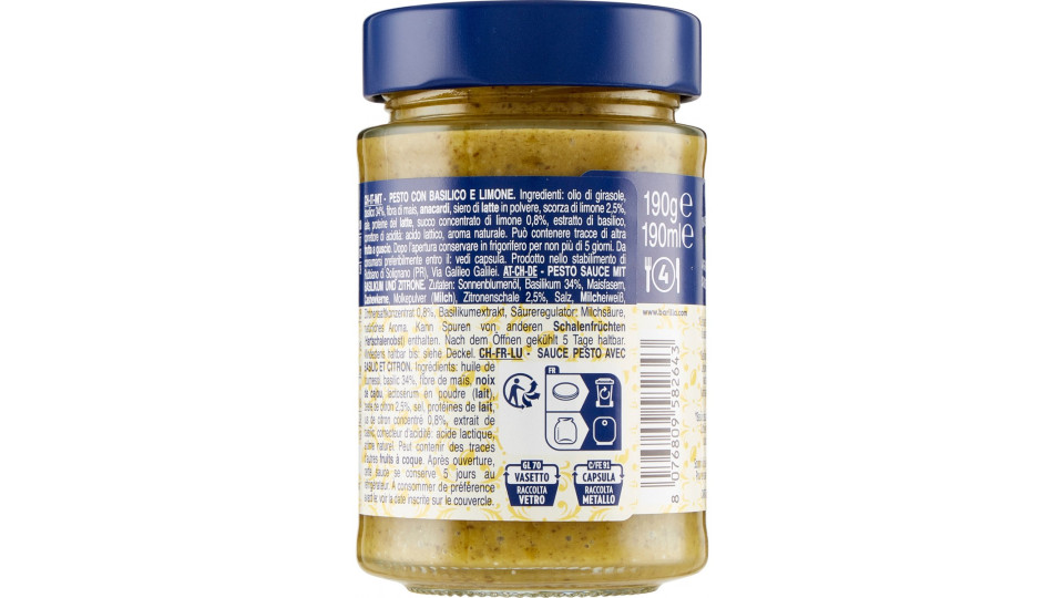 Barilla Pesto Basilico E Limone Condimento E Sugo Per Pasta 190g
