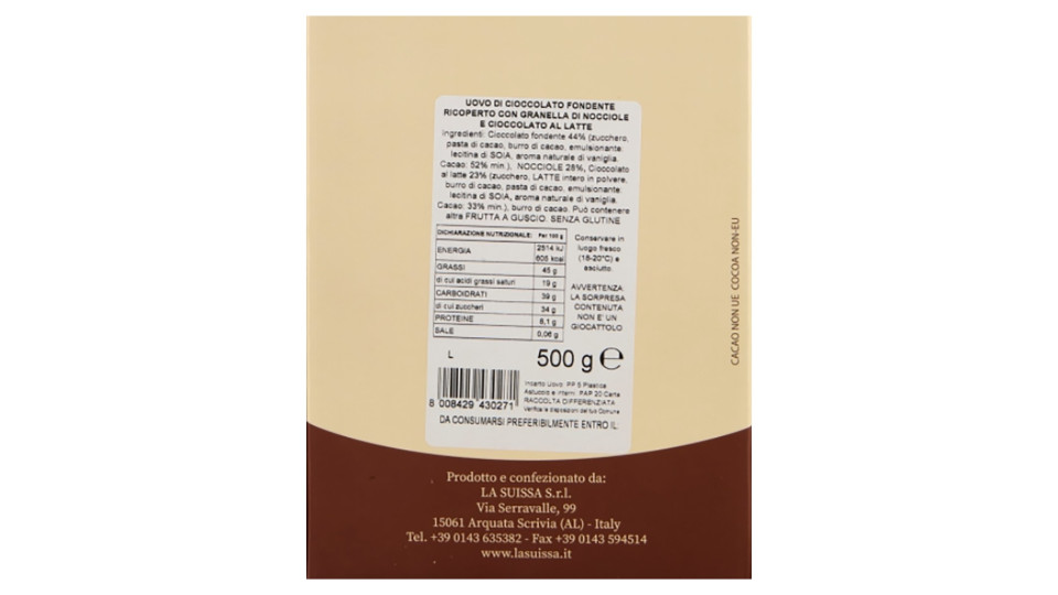 La Suissa Uovo Gran Nocciolato Fondente e Latte 500 g