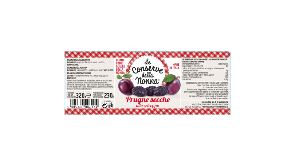 Le conserve della nonna prugne secche sciroppate - gr. 320