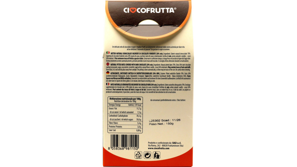 Sagi datteri ricoperti di cioccolato fondente gr.150