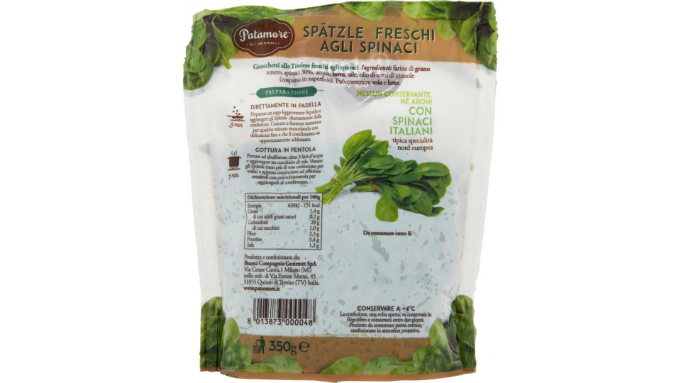 Patamore Spätzle Freschi agli Spinaci 350 g