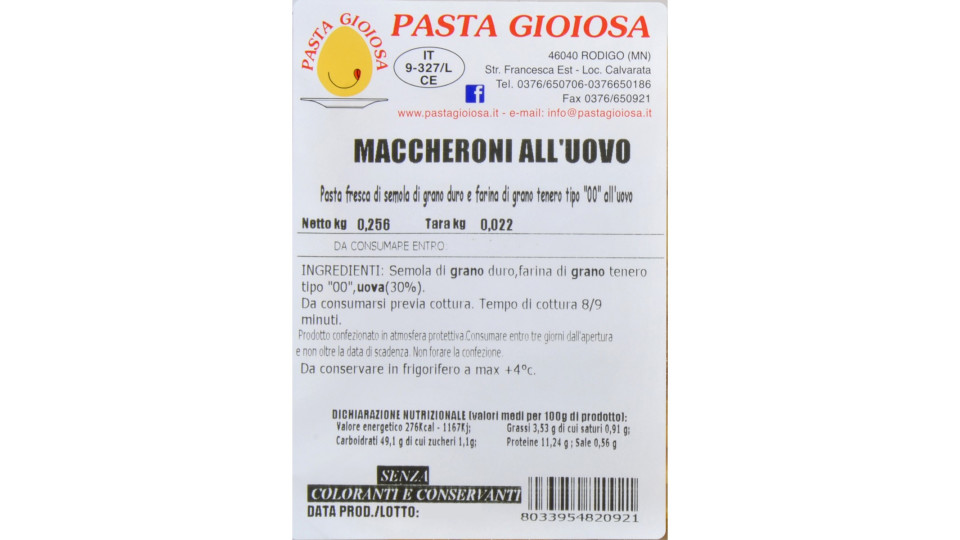 Maccheroni all'uovo gr.256 Pasta Gioiosa