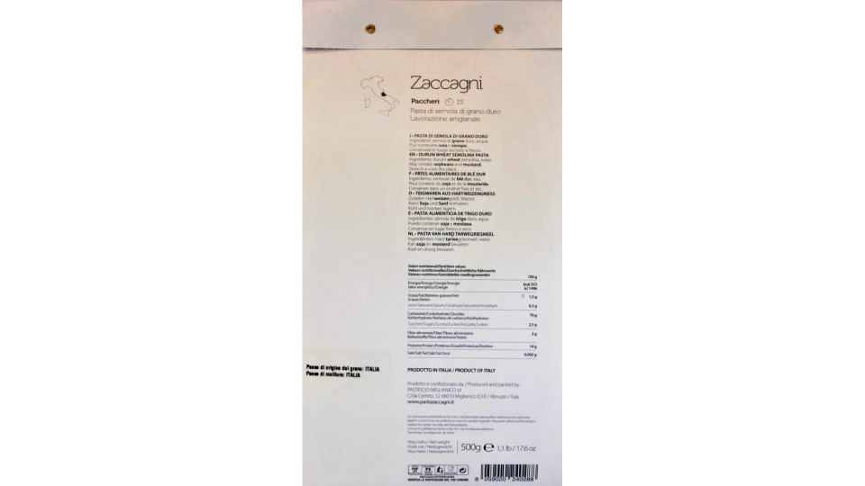 Pasta Zaccagni paccheri 500g