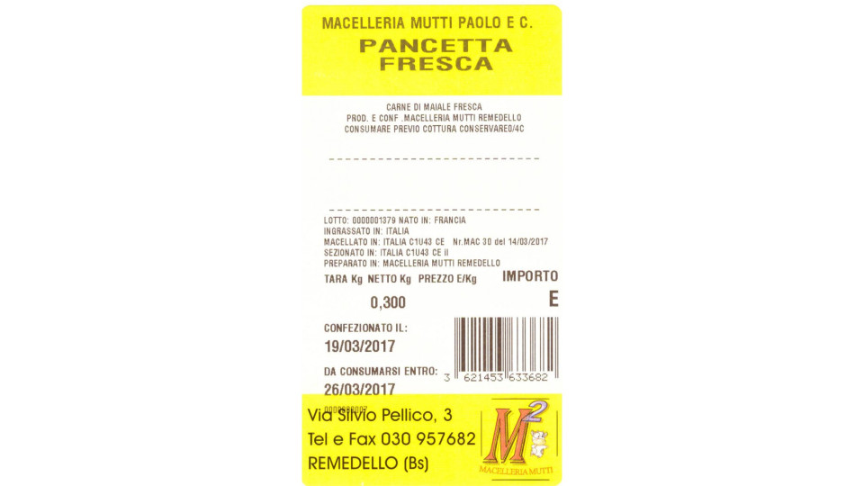 Pancetta fresca Macelleria Mutti gr.300