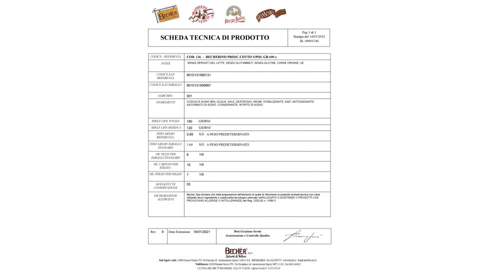 Becher becherino prosciutto cotto gr.600