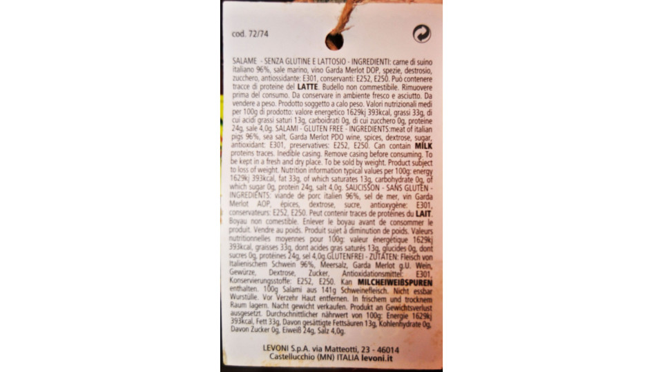 Salame Vecchia Osteria Levoni intero gr.750