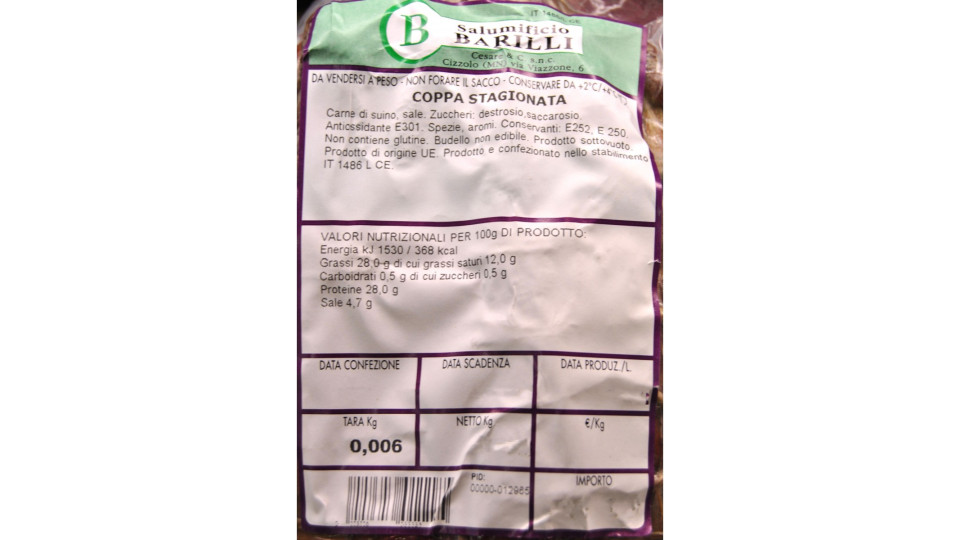 Coppa cruda Barilli trancio kg.1 circa