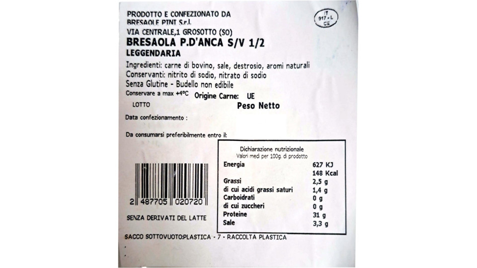 pini bresaola punta anca leggendaria metà kg.2,4 circa