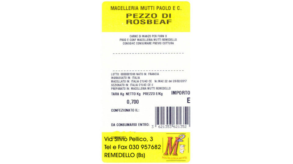 Pezzo di roastbeef Macelleria Mutti gr.700