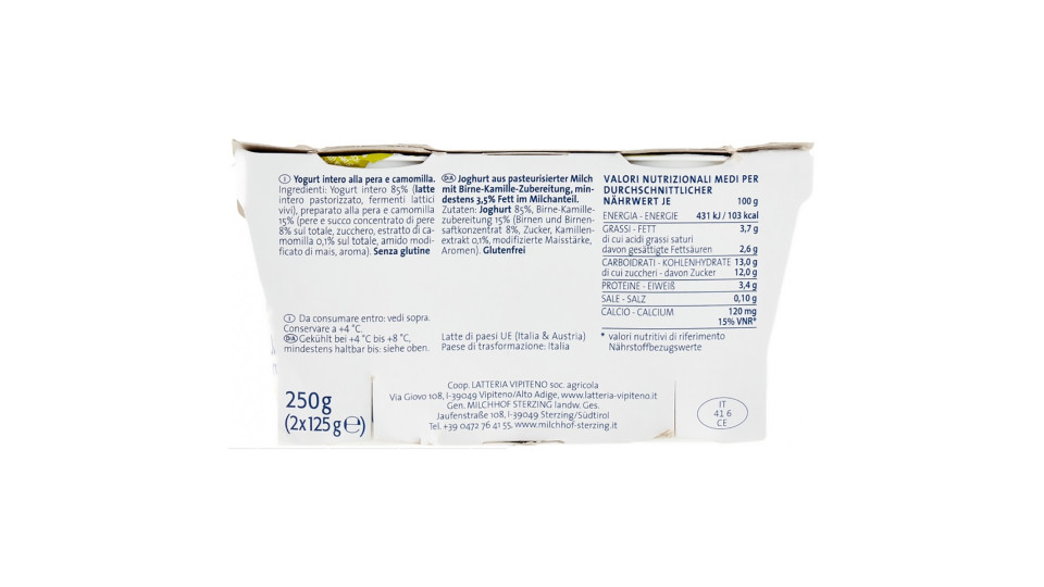 Sterzing Vipiteno Yogurt intero Pera & Camomilla 2 x 125 g