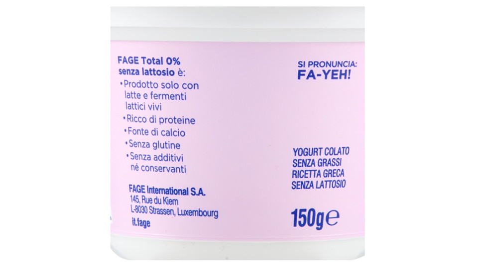Fage Total Senza Lattosio 0% Grassi 150 g