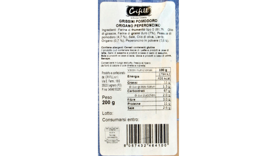 Crifill grissini gusto pomodoro origano e peperoncino gr.200