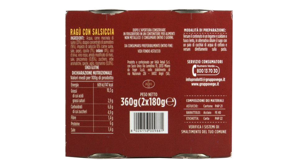 VèGè ragu con salsiccia gr.180x2