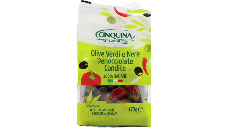 Cinquina olive verdi e nere denocciolate e condite gr.170