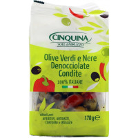 Cinquina olive verdi e nere denocciolate e condite gr.170