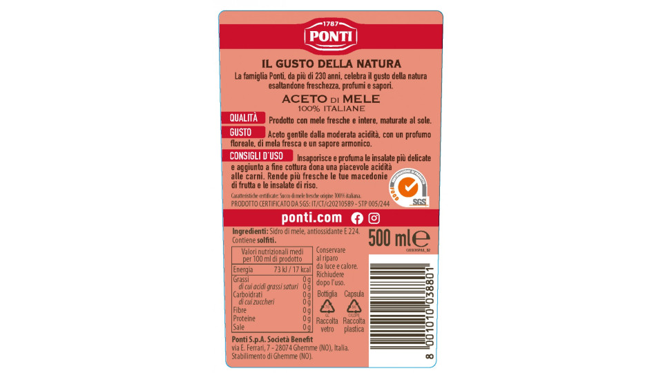 Ponti Aceto di Mele 100% Italiane 500 ml