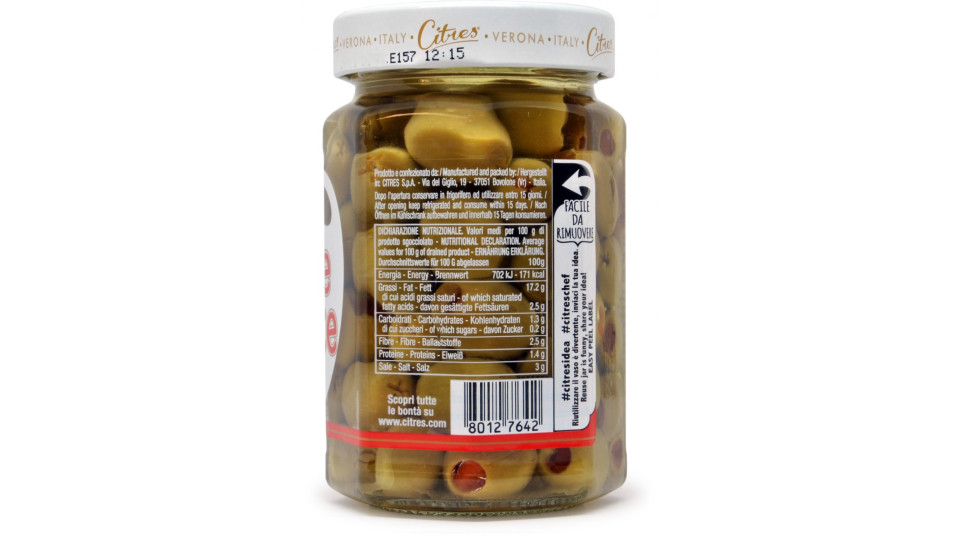 Citres olive verdi farcite con pasta di peperoni in olio gr.290